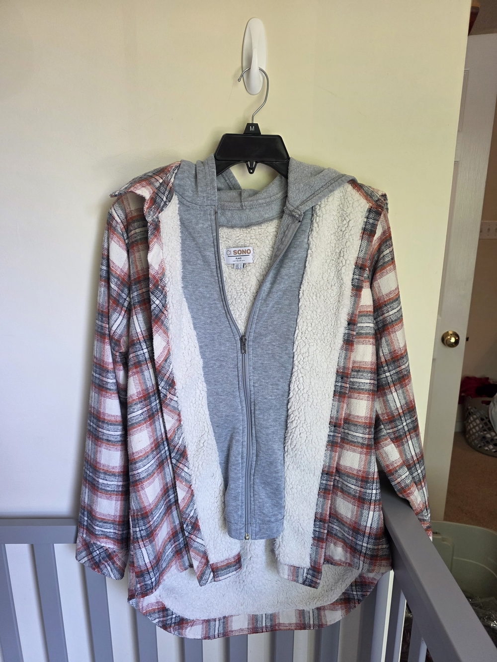 Ci Sono Womens Rust,Gray And Cream Plaid Hooded Sherpa-Lined Shirt Jacket Size L